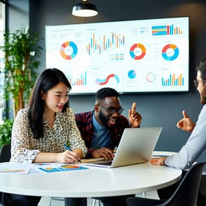 The image depicts a modern office environment where a diverse team of professionals is engaged in a collaborative discussion In the foreground a woman of Asian descent is seated at a sleek round table intently reviewing data on a laptop Beside her a-1